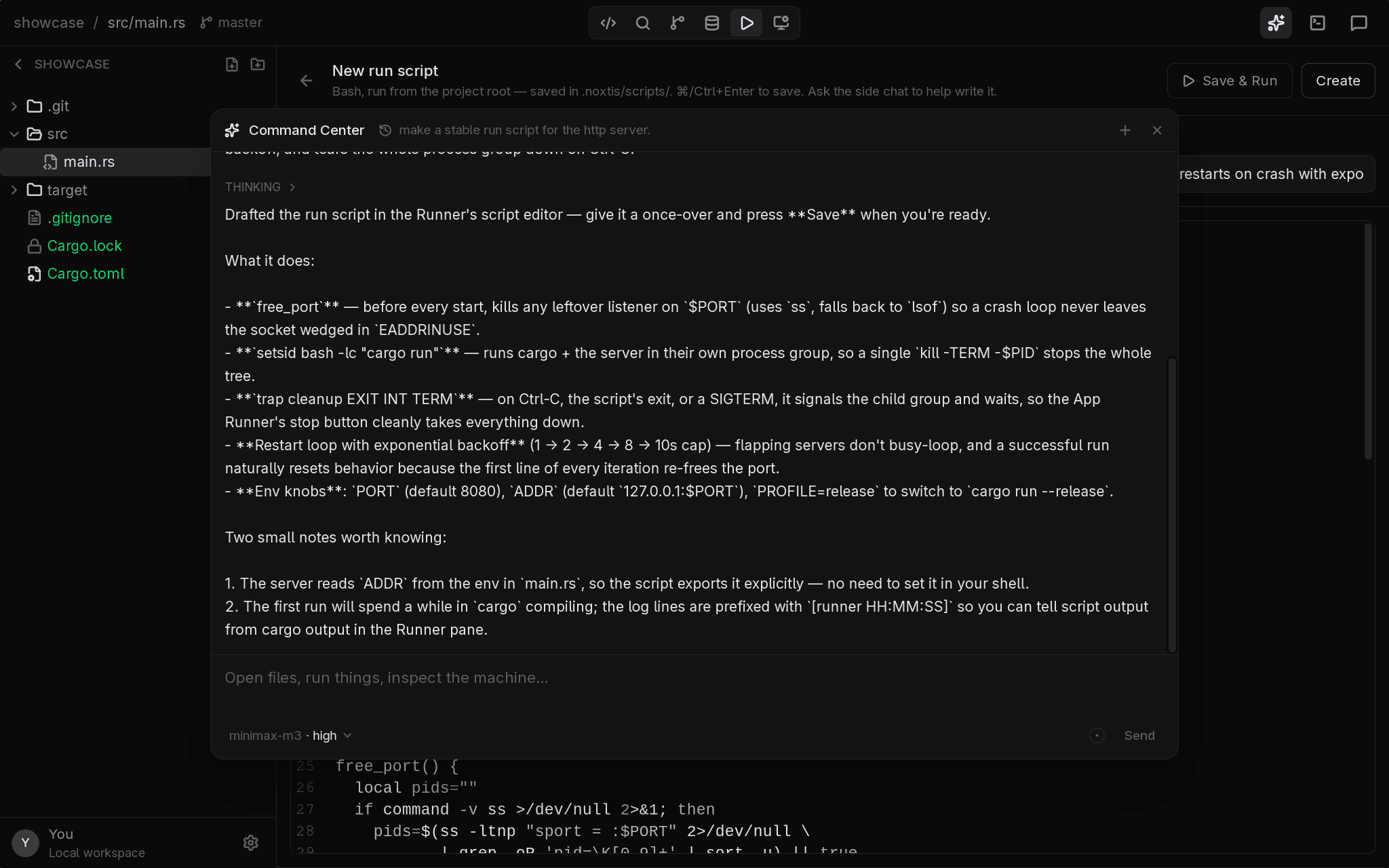 The Command Center drafting a run script and explaining what it does
