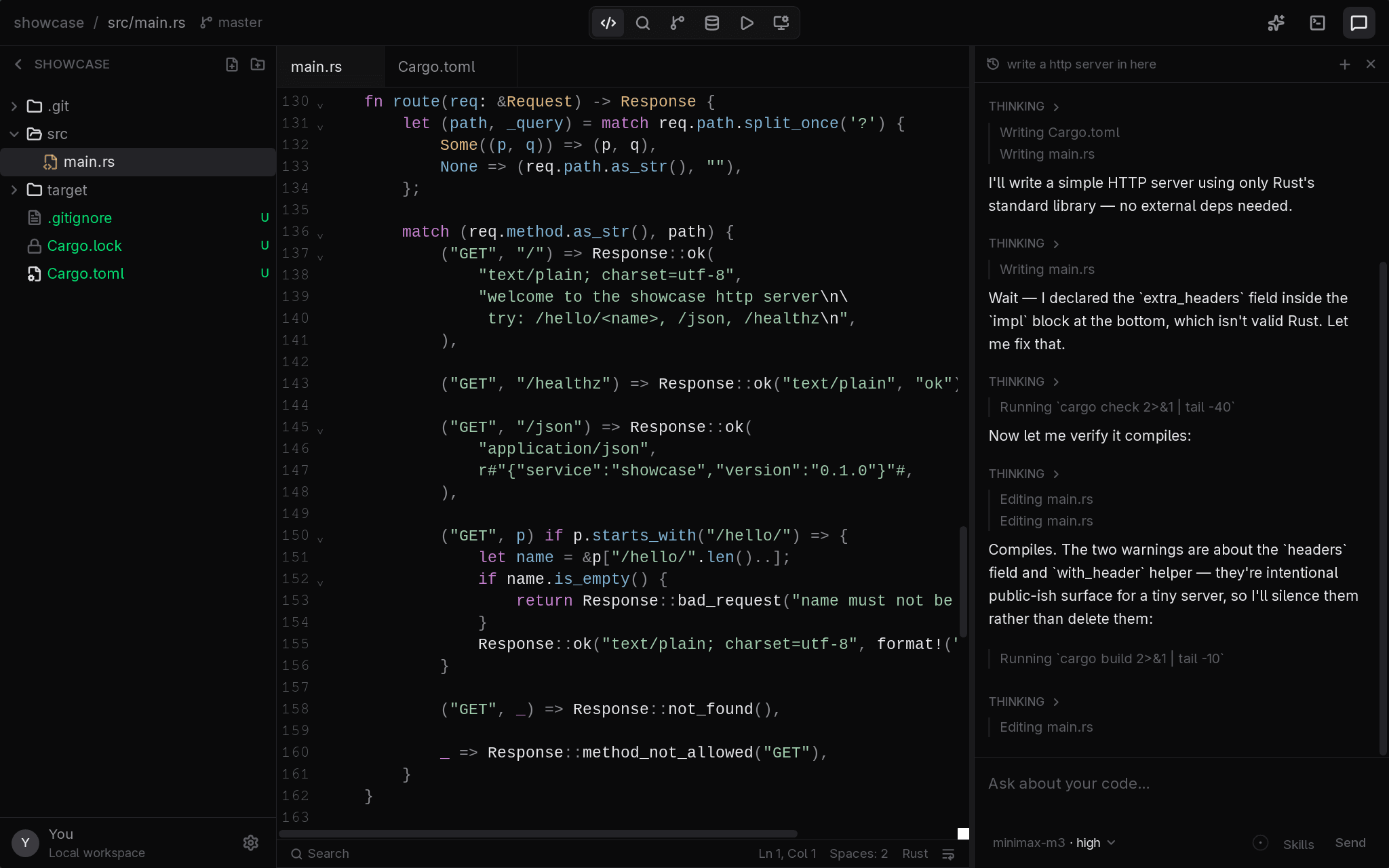 The noxtis editor: a Rust file open next to an AI chat that just wrote and verified an HTTP server