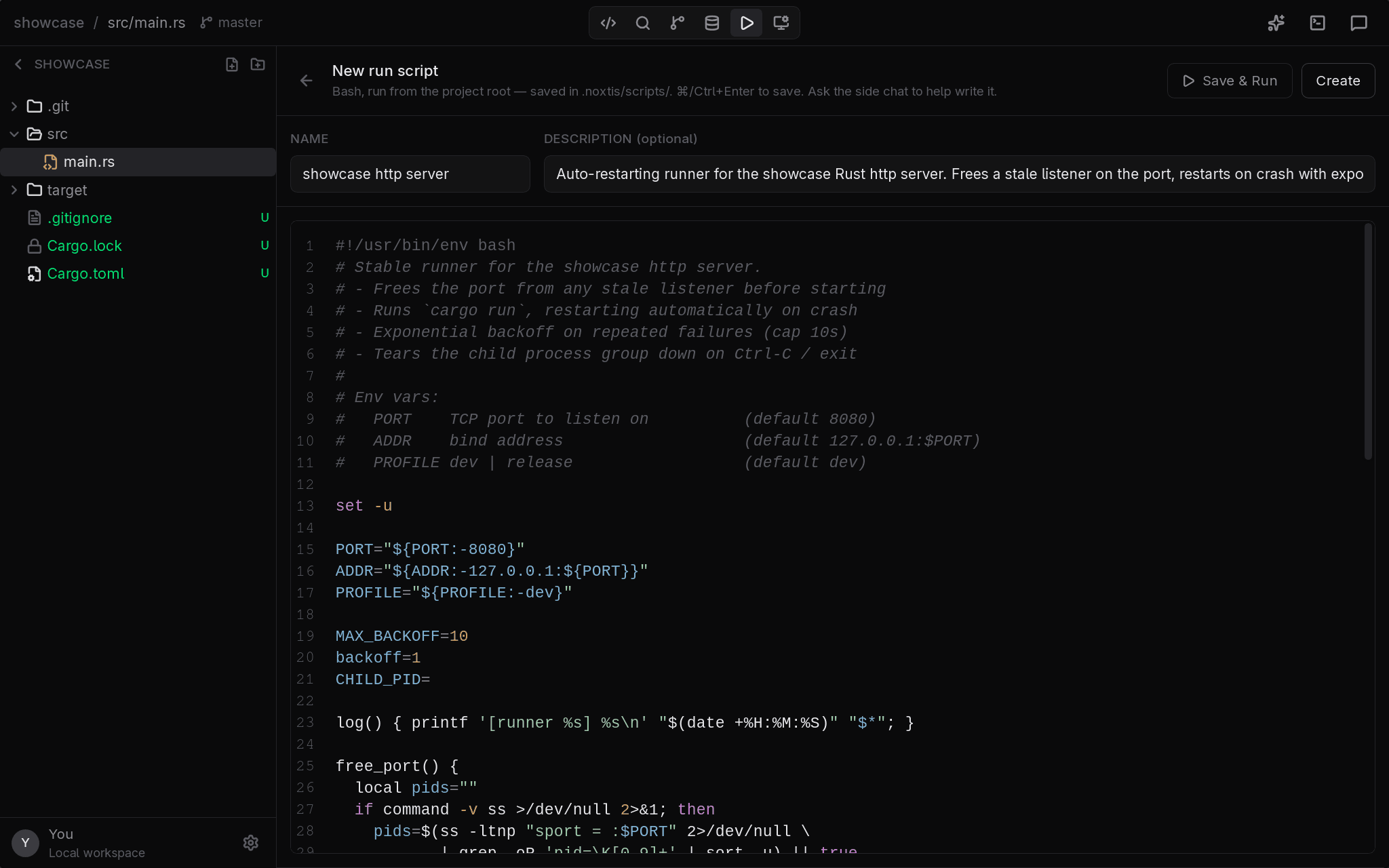 The run-script editor with an AI-drafted bash script for a Rust server